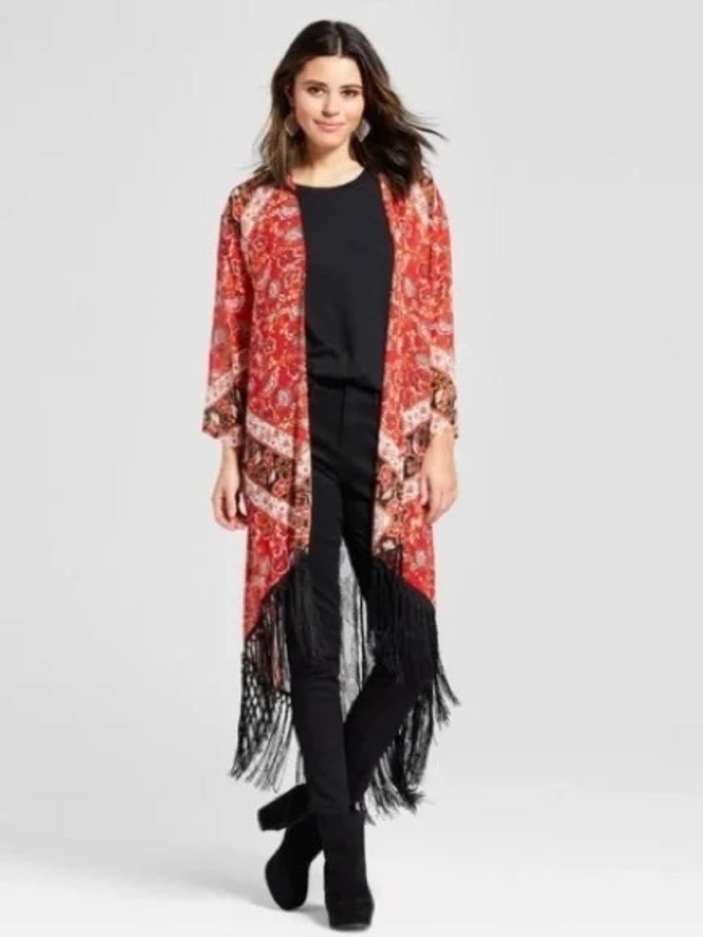 Xhilaration Red Paisley Fringe Kimono